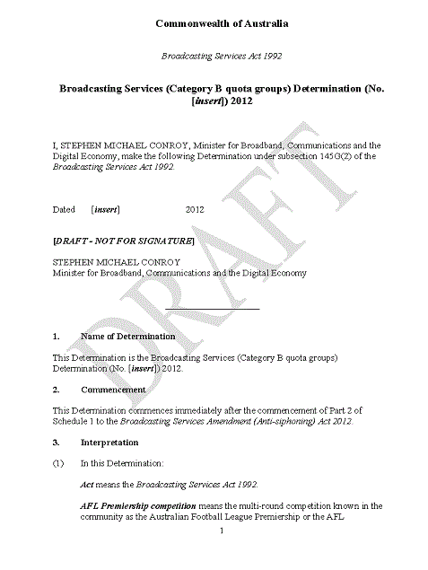 Broadcasting Services (Category B quota groups) Determination Draft
